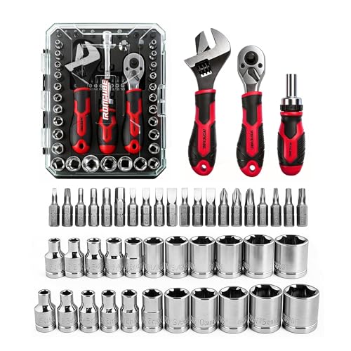 ironcube 53-Piece Socket Ratchet Wrench Set, with 20-In-1 Ratcheting Screwdriver & 2-in-1 Adjustable Wrench for Garage, Auto Repair, Household Backyard & College Dorm