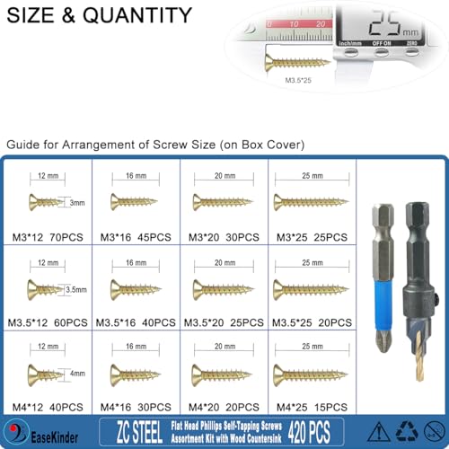 420PCS Flat Head Phillips Wood Screws Assortment Kit, Zinc Coated Carbon Steel Self-Tapping Screw with Adjustable Wood Countersink (ZC1022 Mix) - size: ZC1022 Mix