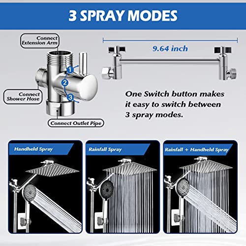 Shower Head,8”Rain Shower Head with Handheld Spray Combo with 11'' Angle Adjustable Extension Arm/Flow Regulator/Shower System,High Pressure Rainfall Shower Head Bathroom,Chrome - color: Silver01, size: 8 Inch