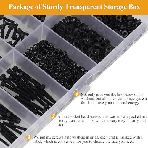 705 Pieces M2 Screws Nuts Washers Set Black, Sutemribor M2 x 4/6/8/10/12/16/20mm Hex Socket Head Cap Screws Nuts Washers Assortment Kit, 12.9 Grade Alloy Steel, Fully Threaded - size: M2 x 4/6/8/10/12/16/20mm Kit, style: Socket Head