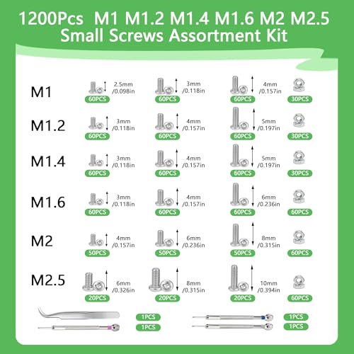 1200Pcs Small Metric Screws and Nuts Kit, M1 M1.2 M1.4 M1.6 M2 M2.5 - size: M1/1.2/1.4/1.6/2/2.5-1200 Pcs