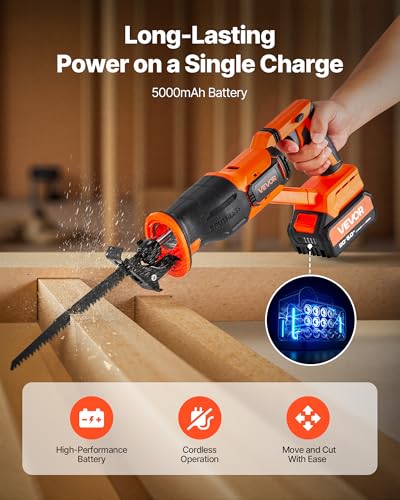 VEVOR 20V Brushless Reciprocating Saw, Cordless Reciprocating Saw with Battery, 3000 SPM Variable Speed, 1" Stroke Length Charger, 8 Blades, and Carrying Bag, for Wood, Metal and Plastic Cutting - size: 1-1/8 in-20V