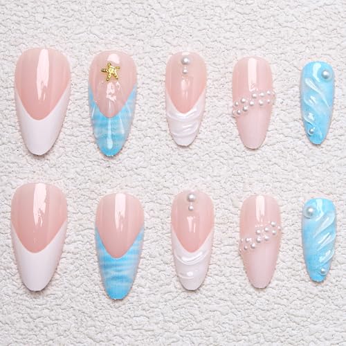 3D Blue Press on Nails Almond Medium French Tip Fake Nails - color: 3D Embossed design 12