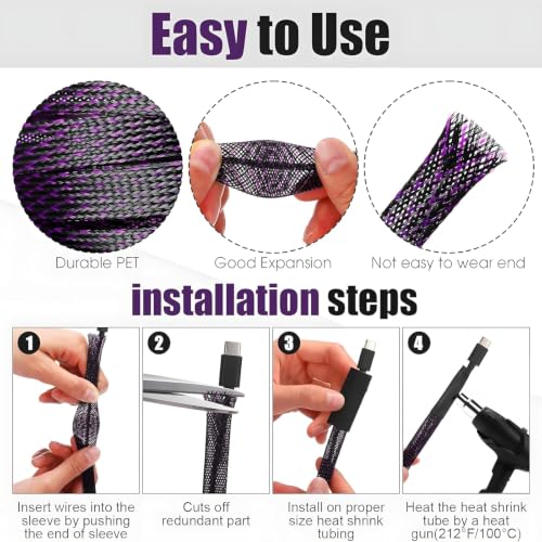Tatuo 151 ft Braided Cable Sleeve Expandable Wire Sheathing(Purple) - color: Purple, size: 151 ft