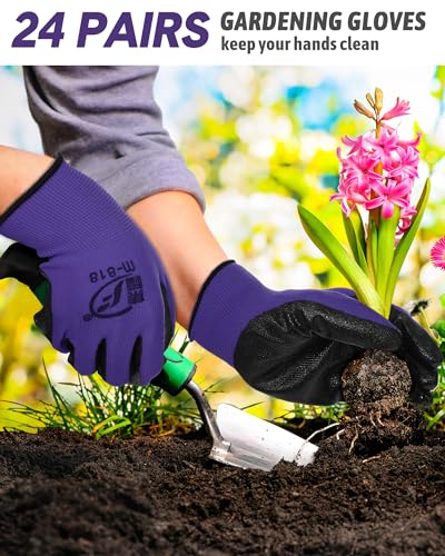 Nuogo 24 Pairs Gardening Gloves for Men Women Rubber Coated Landscaping Work Gloves Safety Work Construction - color: Purple