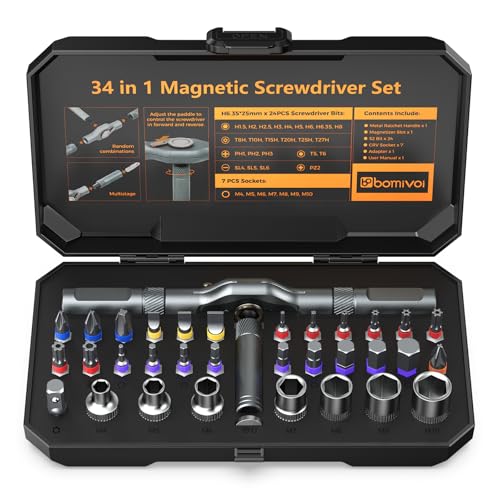 AMIR Ratchet Screwdriver Set, 34 in 1 Magnetic Screwdriver Set with 1/4" Socket Adapter, 24 Bits & 7 Hex Sockets, Modular Handle, DIY Tool Kit for Furniture, Appliance, Auto Repair