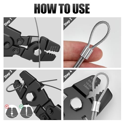 DISEN Wire Rope Crimping Tool, Fishing Crimps, Swaging Tool for Wire Rope, Wire Crimper for Aluminum Oval Sleeves from 3/32 inch to 1/64 inch, Chrome Vanadium Steel, Phosphated Black