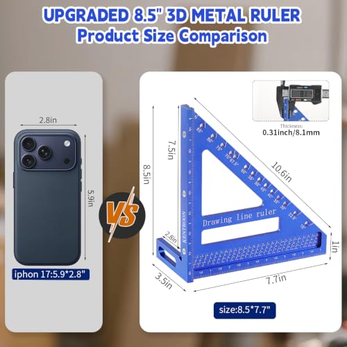 Multi-Angle Measuring Square Large Ruler 8.42"*7.67", Aluminum Alloy Carpenter Square Woodworking Tool, 15°-90° Layout Tool with Angle Pin for Drawing Line, Marking, Woodworking,DIY,Construction - color: Blue