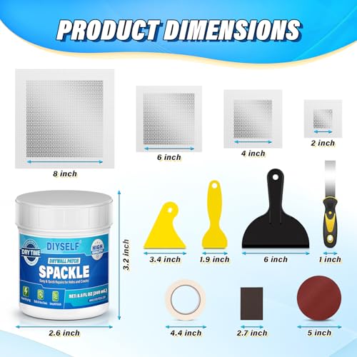 DIYSELF 16-Piece Drywall Repair Kit, Spackle Wall Repair with Mesh Patches - size: 16 Pack