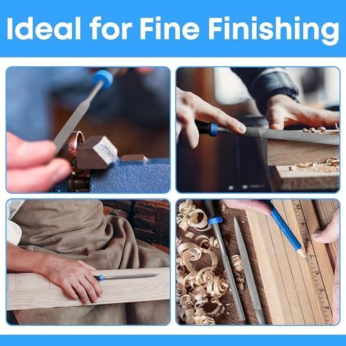 E•Werk - 6-pc Needle File Set for Wood, Metal, Plastic & Jewelry - Small Round, Half-Round, Square, Triangle, Flat & Flat Pointed Files - Handy Tools for Fine Finishing w/Ergonomic Handles
