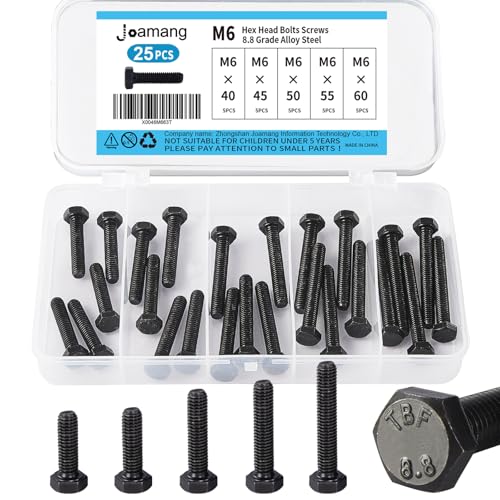 M6 x 40mm 45mm 50mm 55mm 60mm Hex Bolts, Hexagon Head Screw, 8.8 Grade Alloy Steel, Black Oxide Finish, Metric Full Machine Thread, Assortment Kit 25PCS - size: M6 x 40-60 mm(25PCS)