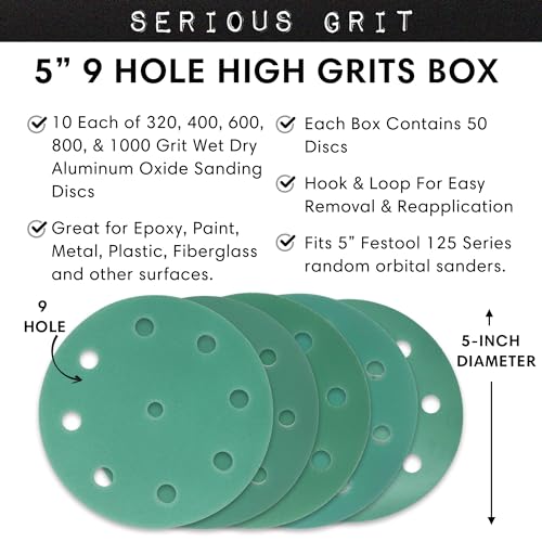 Serious Grit - 5-Inch 9-Hole Sanding Discs - Fine Grit Assortment - 50 Pack - size: High Grit
