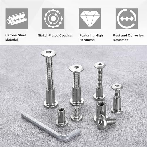 HARFINGTON 10 Set M6x50mm Hex Drive Socket Cap Bolt and M6x10mm Nuts with M4 Hex Wrench, Furniture Connector Bolts and Screws for Furniture Countersunk Belt, Silver - size: M6x50mm, M6x10mm