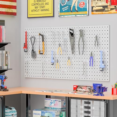 Pegboard Smith Metal Pegboard Panels, 16" x 12" Heavy-Duty Steel Wall Peg Boards for Garage Tool Storage, Pegboard Organizer System (Pack of 3, Gray) - color: Gray