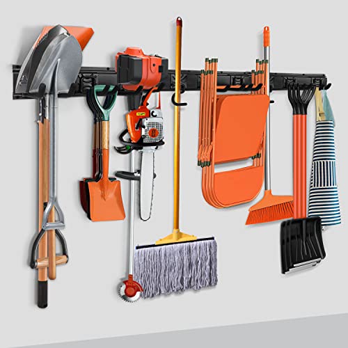 SMARTOLOGY Modular Heavy-Duty Steel Garage Tool Storage Rack - 150 lbs Weight Capacity Weather-resistant Powder-Coated Wall Mount Organizer for Shovels, Rakes, Ladders & Landscaping Equipment - size: 68 in rack with 12 hooks