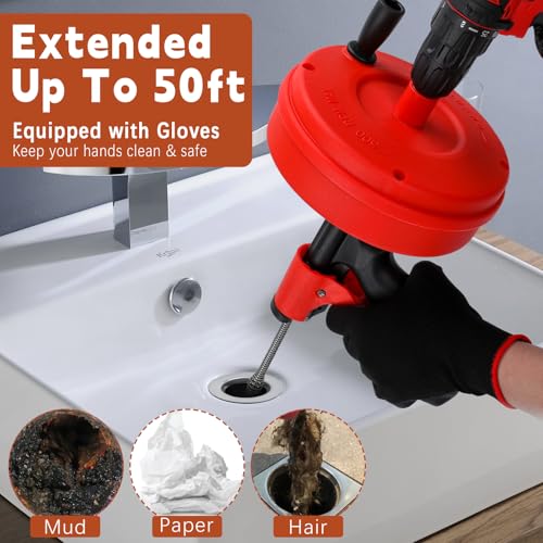 50 FT Drain Snake 11-in-1 Double Mode Drain Auger Tools | for Sink and Drain Unblocking, Plumbing Snake for Kitchen, Bathrom and Shower Sink, Drain Clog Remover for Real DYIs - color: Red-50FT