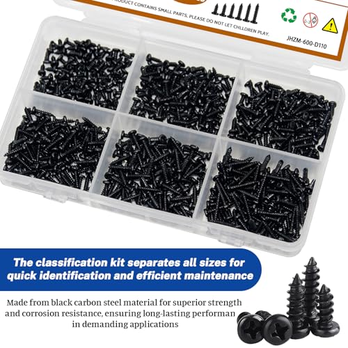 600Pcs M1.7x4/5/6/7/8/10 Self-Tapping Wood Screws Assortment Kit, Phillips Pan Head, Black Carbon Steel, 6 Sizes, for Wood Plastic and Soft Metal - size: M1.7x4/5/6/7/8/10-600Pcs