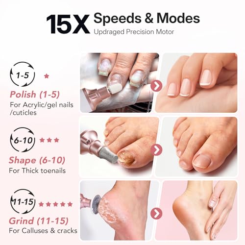 Litbear Thick Toenail Grinder, 15X Professional Electric Nail Drill File Set, Cordless Pedicure Manicure Tool Callus Remover for Women Men Senior Hand Feet Care, Home Salon Use ( White ) - size: White