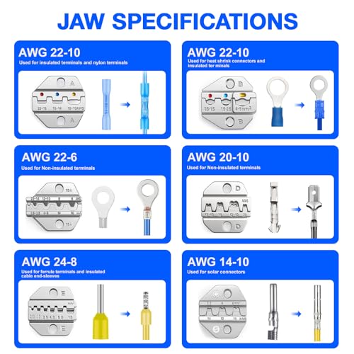 Wire Crimping Tool, Ratcheting Wire Crimper Set with 6 Replaceable Dies, Heavy Duty Crimper for Heat Shrink, Insulated Nylon, Non-Insulated, Wire Ferrules, Open Barrel Terminals and Solar Connectors