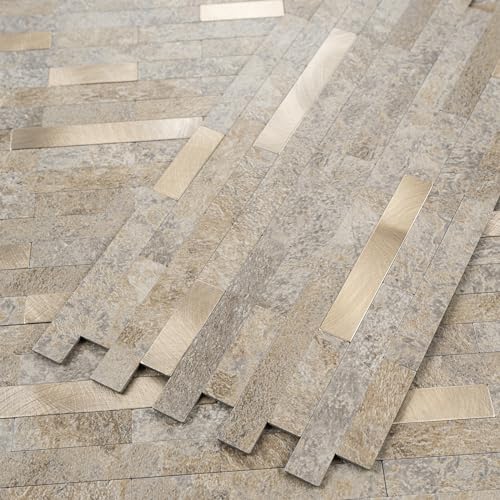 StyloVue 20 Sheets Peel and Stick Backsplash, Dark Beige with Metal Gold Look PVC Wall Tiles Upgrade Your Kitchen Backsplash, RV, Fireplace - color: Dark Beige With Metal Gold