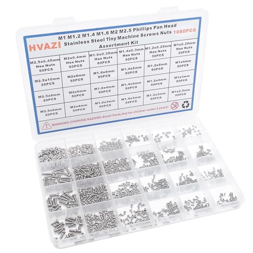 1080PCS M1-M2.5 304 SS Phillips Pan Head Tiny Machine Screws Nuts Kit | M1 M1.2 M1.4 M1.6 M2 M2.5 Stainless Steel Cross Drive Micro Screws Nuts for Precision Electronics, Instruments, DIY w/ Box - size: M1/M1.2/M1.4/M1.6/M2/M2.5