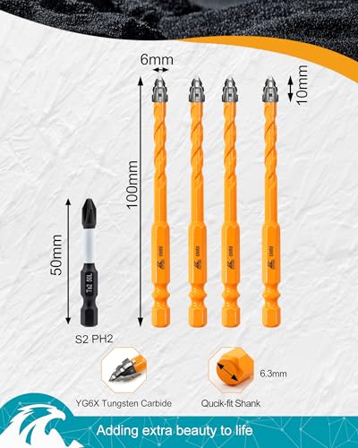 Upgraded Masonry Drill Bit Set 1/4" (6mm), EXFEIN Serrated Drill Bits Set - 4-Piece Carbide Drill Bits and 1 Piece Magnetic Screwdriver Bit for Wood Plastic Tile Concrete Brick Marble - size: Set 1(5-Pack)