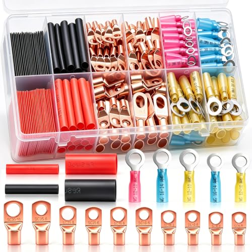 180Pcs Copper Wire Lugs Kit, Battery Cable Ring Terminal Connector with Heat Shrink Tubing, AWG 2 4 6 8 10 12 14 16 Gauge Heavy Duty Wire Connectors Terminal Set for Car Solar Marine RV Wiring - size: 180Pcs