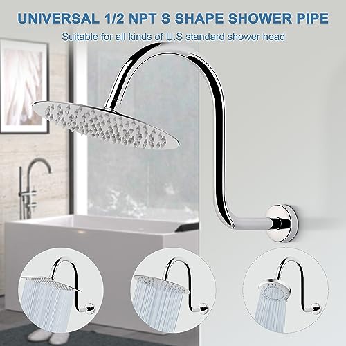 S Shaped Shower Arm, High Rise Shower Head Extension Pipe Standard 1/2" Connection with Flange, Awesome Shower Experience-Stainless Steel Bathroom Accessory(13 Inch 2-S Shape, Chrome Finish) - color: Chrome Finish, style: 13" 2 Shape