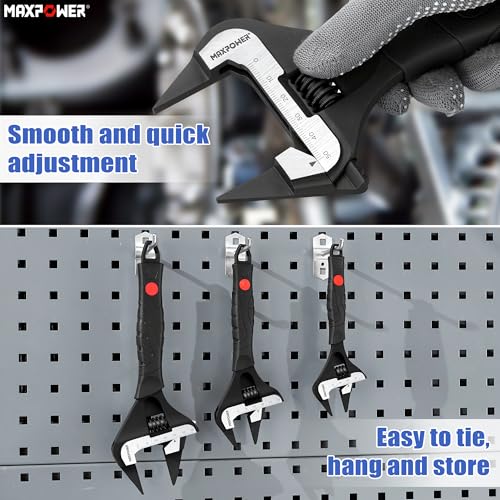 MAXPOWER Slim Jaw Adjustable Wrench Set, 8" 10" 12" Wide Jaw Opening Adjustable Wrench, Dual Scale with Metric and SAE, Deep Jaw with Soft Grip Handle, Jaw Capacity 36mm 50mm 60mm - size: 8" 10" 12"