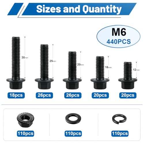 440PCS M6 Flange Bolt Assortment Kit with Nut Washer 10.9 Alloy Steel - size: G10.9 M6 440PCS