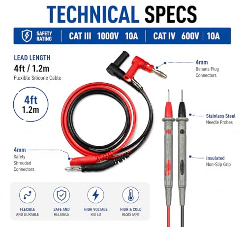 Professional Multimeter Test Leads Kit – 1000V 10A CAT III/IV – Includes Replaceable Gold-Plated Sharp Needle Probes, Alligator Clips, and Banana Plug Extension Cables for Electrical Testing