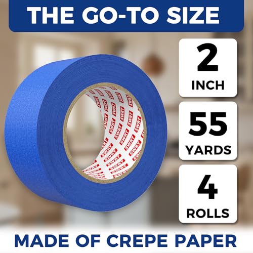 SWRT Blue Painters Tape 2 Inch Wide x 55 Yards, 4 Rolls, Clean Removal