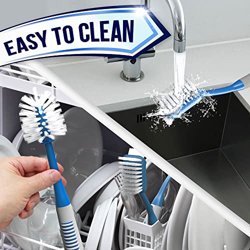 Dish Brush Set of 4 - Kitchen Scrub Brushes with Non-Slip Long Handle for Cleaning, Scrubber, Dishwashing, Dishes, Bottles, Straws, Cups, Pots & Sink, Blue - color: Blue