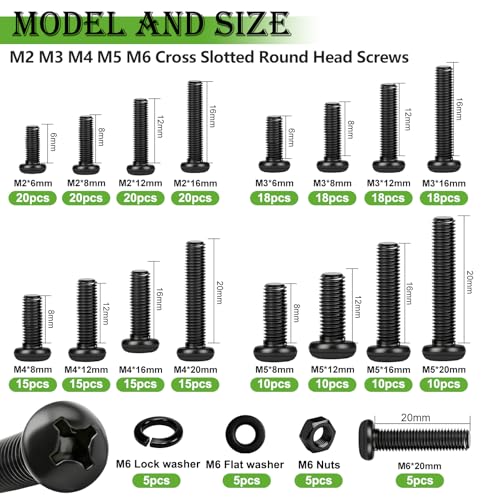 mxuteuk 2040PCS Metric Screws Nuts and Bolts Assortment Kit,M2 M3 M4 M5 M6 Machine Screws,Black Zinc Plated Hex Socket Button Head & Phillips Pan Head Screw for 3D Printing,DIY Projects - size: 2040PCS M2-M6