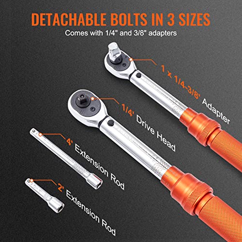 VEVOR 1/4-inch Drive Click Torque Wrench, 20-200in.lb/3-23n.m Mechanical Dual Range Scales, Dual-Direction Adjustable with Adapters Extension Rod - size: 1/4" 4 PCS