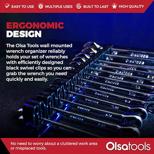 Olsa Tools Wall Mount Wrench Organizer - Rotating Clip Rack for 14 Wrenches - Blue Anodized Aluminum with Black Clips - Space Saving Tool Holder - Professional Grade Storage Solution - Part: 1029 - style: Blue Aluminum + Black Clips
