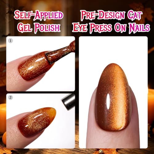 Beetles Cat Eye Press On Nails Short Almond, 32PCS, Pumpkin Spice Halloween - color: 3A - Burnt Caramel - S