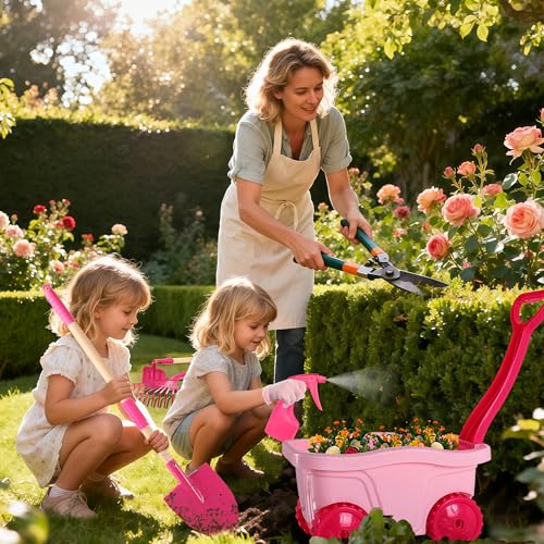 Duckura Kids Gardening Set with Wheelbarrow, Metal Garden Tools for Girls | Shovel, Rake, Lawn Digging & Weeding Kits toys, Outdoor Yard Birthday Gift Toy for Age 2 3+ years old - color: Pink-8pcs