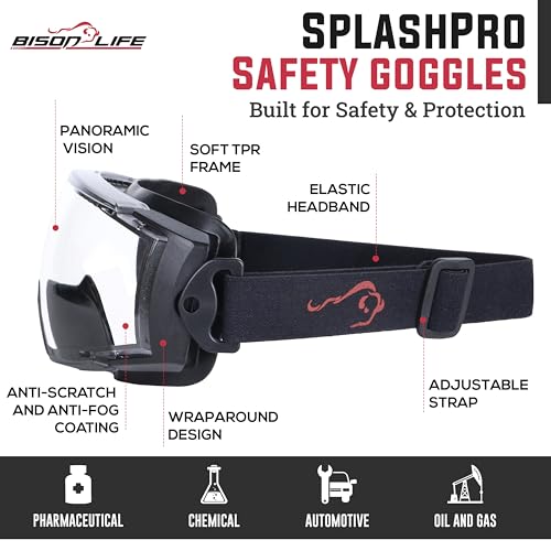 BISON LIFE SplashPro Safety Goggles Over Glasses, ANSI Z87.1, 1 pack