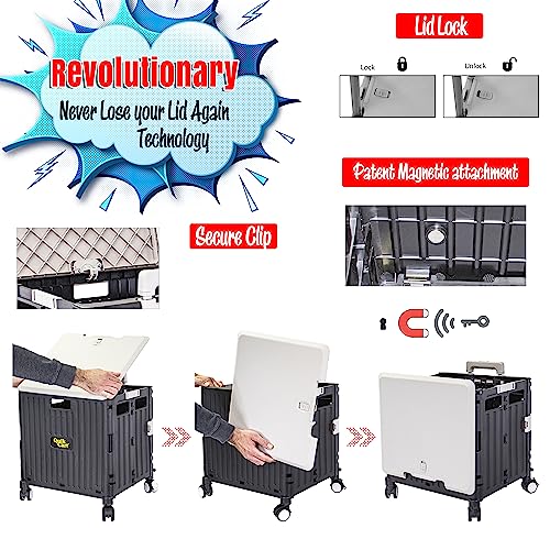 dbest Products Quik Cart Swing Lid Four Swivel Wheeled Rolling Crate Teacher Utility with seat Heavy Duty Collapsible Basket with Dual Telescopic Wagon Handle - color: Black, style: Swing Lid