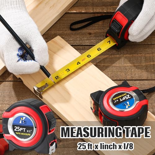 Youyole 10 Pack Tape Measure with Fractions 1/8 Steel Measuring Tape Retractable Easy Read Measurement Ruler Steel Power Blade (25 ft X 1 in,Red) - color: Red