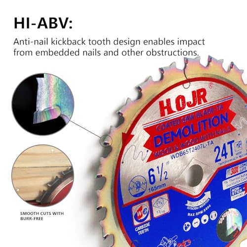 2-Pack 6-1/2" 24 Tooth 5/8" Arbor Woodworking Circular SawBlade,Framing/Demolition,Special Anti-Thermal Adhesion Coating on Cutting Head -TA,DEM 6-1/2" 24T-TA - size: 2PCS 6-1/2" 24T 5/8"