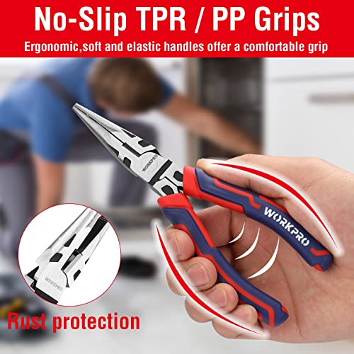 WORKPRO 4-Piece Pliers Set, Premium CR-V Construction Tool Set | Including Long Nose, Diagonal Cutting, Groove Joint and Slip Joint Pliers - Red - color: Red