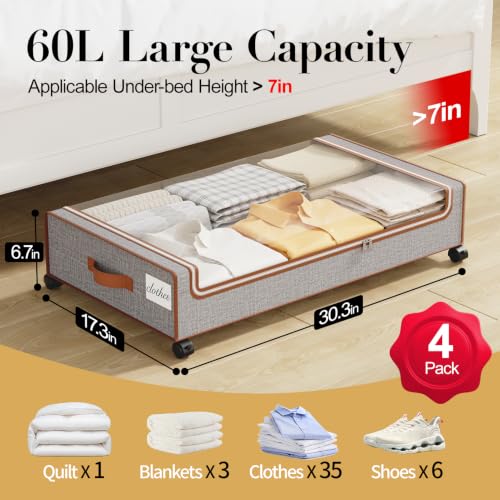 Yecaye 60L Under Bed Storage with Wheels, 4 Pack, Greige - color: Greige, size: 4 Pack