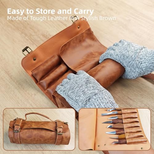 bellaDimora Wood Carving Kit 16-Piece | 8 Whittling Knives & 4 Detail Carving Knives, Walnut Handle High Carbon Steel Blades, with PU Leather Bag & Safety Gloves