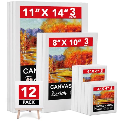 ESRICH Stretched Canvas for Painting, 12 Pack 4x4, 4x6, 8x10, 11x14(3 of Each) Canvas Set, Multi-Size Blank Canvases for Painting, Primed Paint Canvas for Kids, Adults, Beginners, Artists. - size: 4x4in,4x6in,8x10in,11x14in