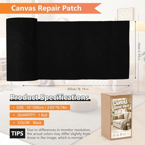 Canvas Repair Patch, 4x79 Inches Self-Adhesive Fabric Tape for Couch - color: Black