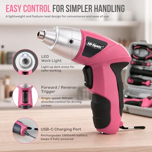 Hi-Spec 4V Electric Ladies Screwdriver Tool Kit Compact Portable Case, Pink - color: Pink