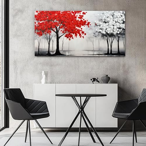 AUUZAIUA Large Canvas Wall Art Red and White Misty Forest Painting 24"x48" - size: 24"L x 48"W