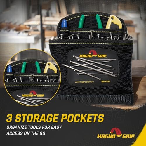 MagnoGrip 3-Pocket Nail Pouch with Integrated Magnetic Storage - Durable 1680D Ballistic Polyester, Magnetic Interior & Exterior, Tool Belt Compatible, Construction Pouch for Carpenters & DIY Projects